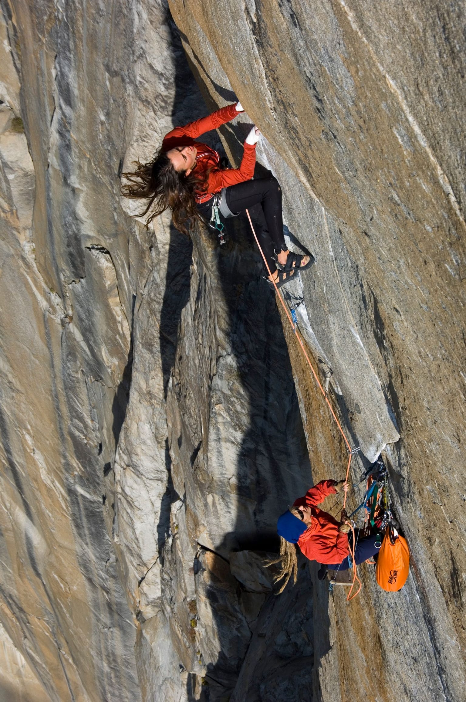 Salathe Wall free, 2005.
The second headwall pitch starts with vicious power and accuracy moves, quite a way to start the day at 6 am after waking up on Long Ledge.
photo: Jimmy Chin
