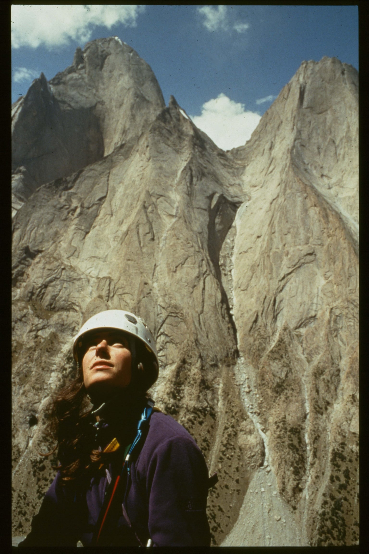 Aksu Valley 1996, 1 of 2. Peak 4520, "A Thousand Years of Christianity in Russia." I rope soloed the moderate 30 pitch route using a new-fangled Grigri instead of a clove hitch. With this method I ended up basically climbing the route twice and rapping it twice--lots of rope management and lots of up-and-down.
